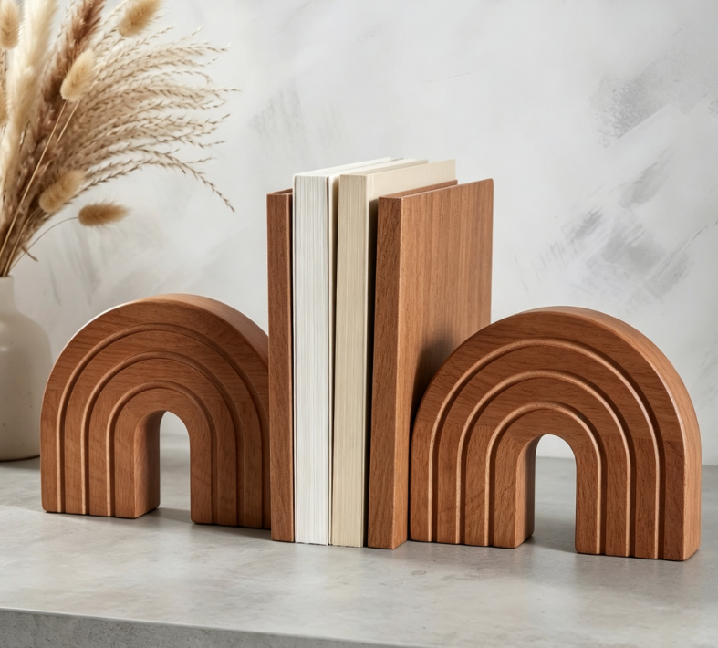 Bohemian-Style Arched Wooden Bookends – Minimalist Design (Set of 2)
